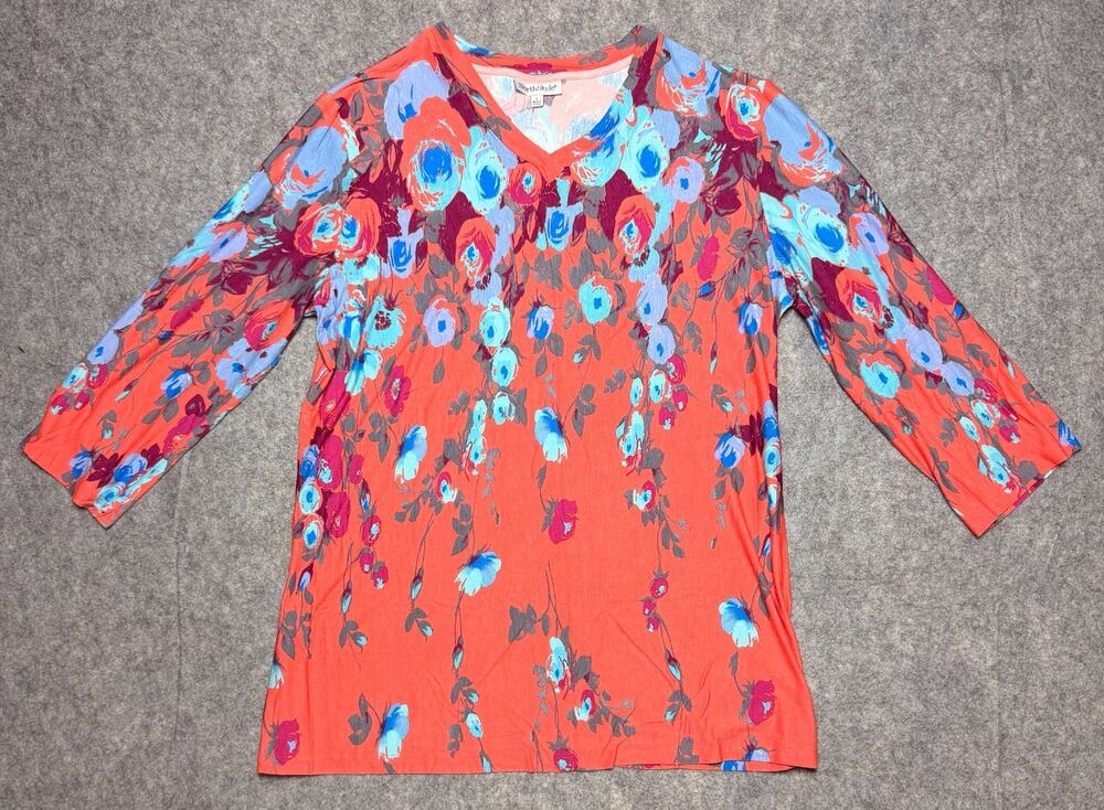 NorthStyle Large Long Sleeve V-neck Tunic Length Pullover Coral/Aqua Floral Top